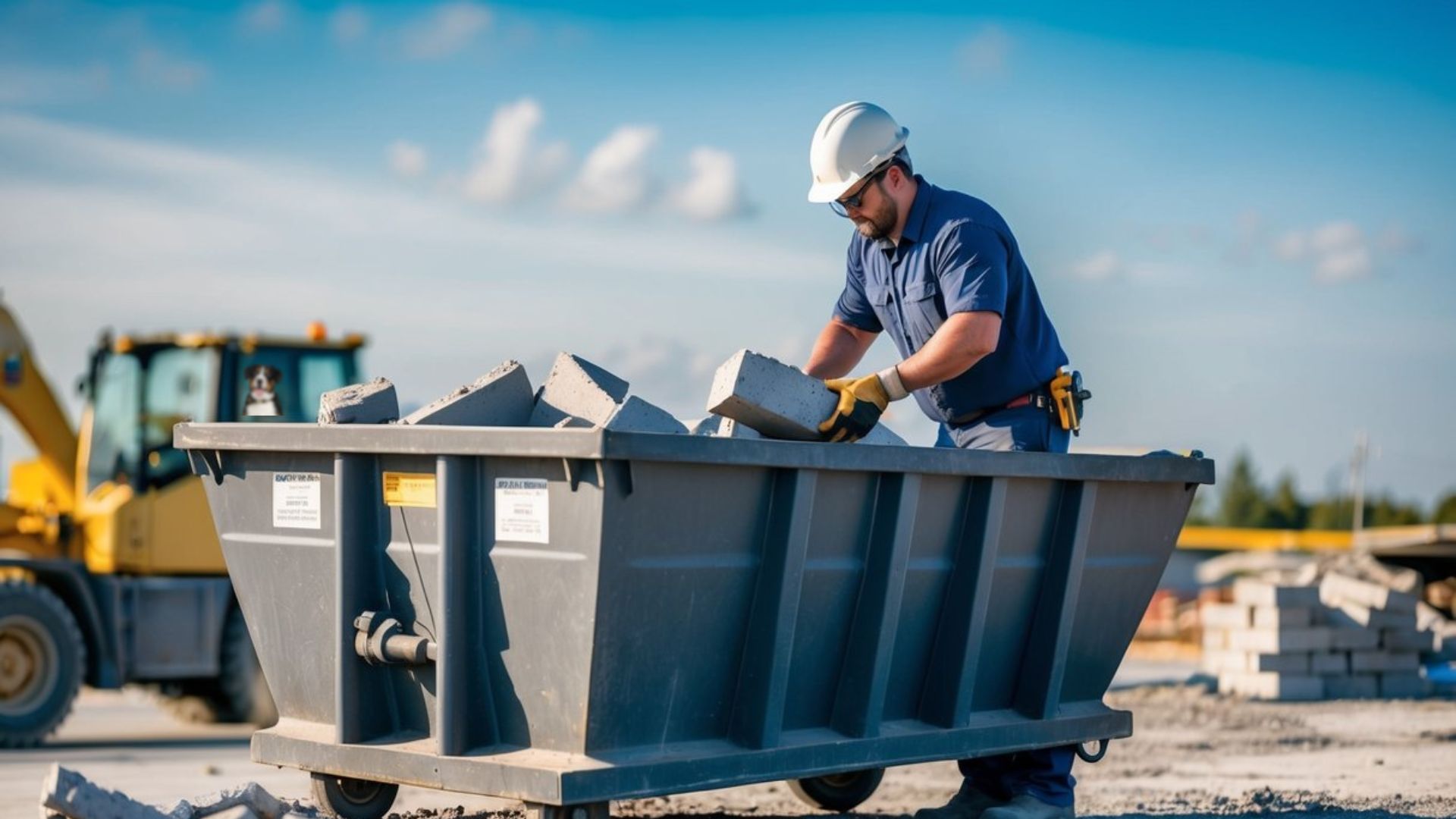 a contractor disposing of heavy bricks in a dumpster