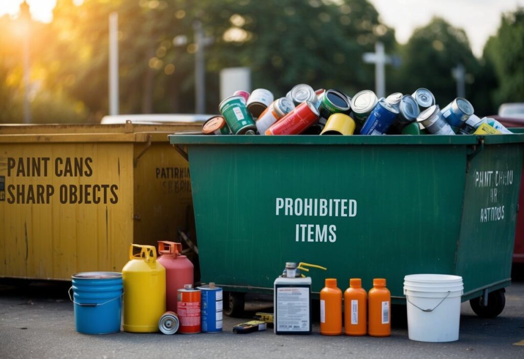 A dumpster filled with prohibited items: paint cans, batteries, chemicals, and sharp objects