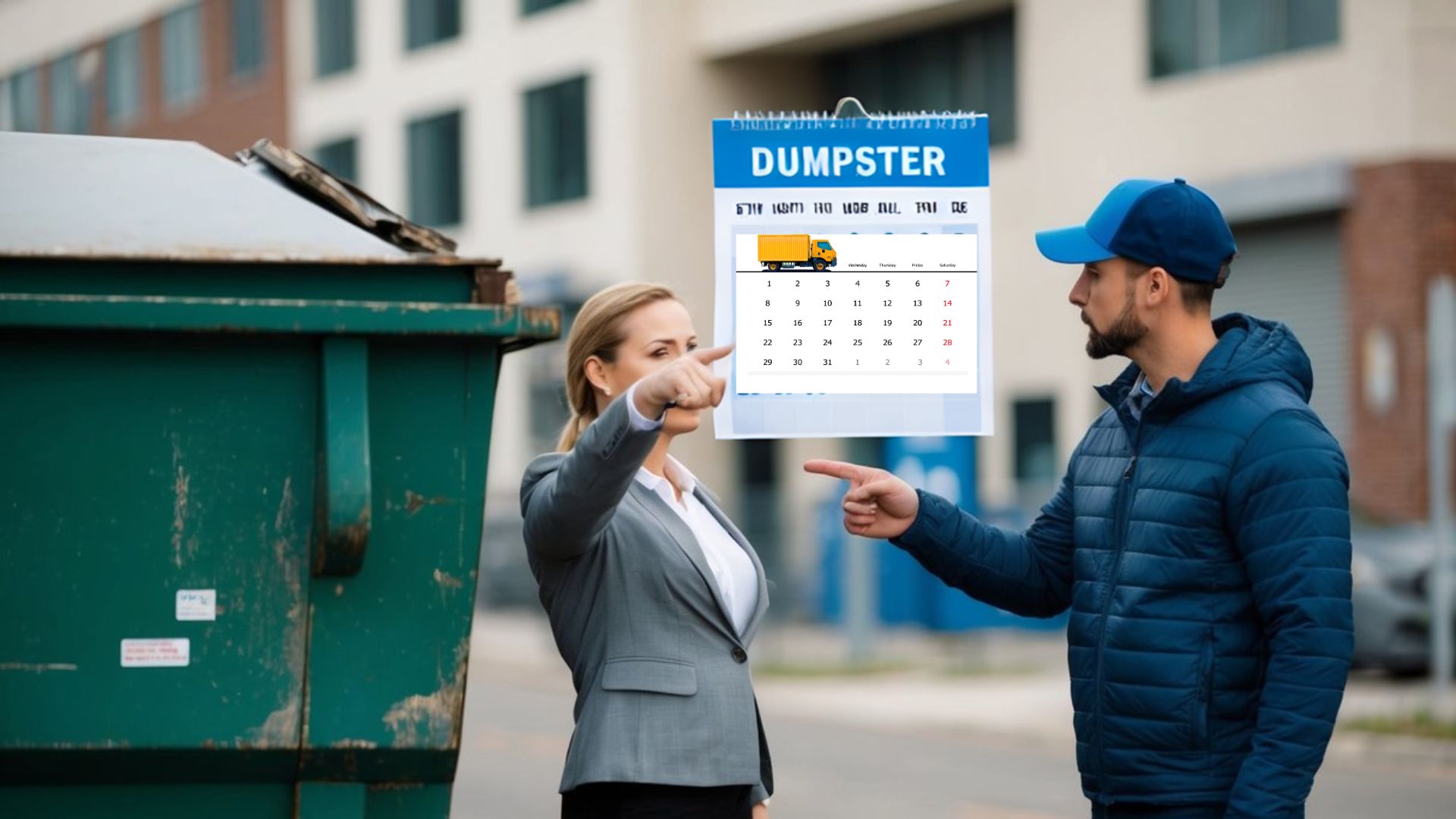 A person pointing to a damaged dumpster while another person gestures towards a calendar indicating pickup delays