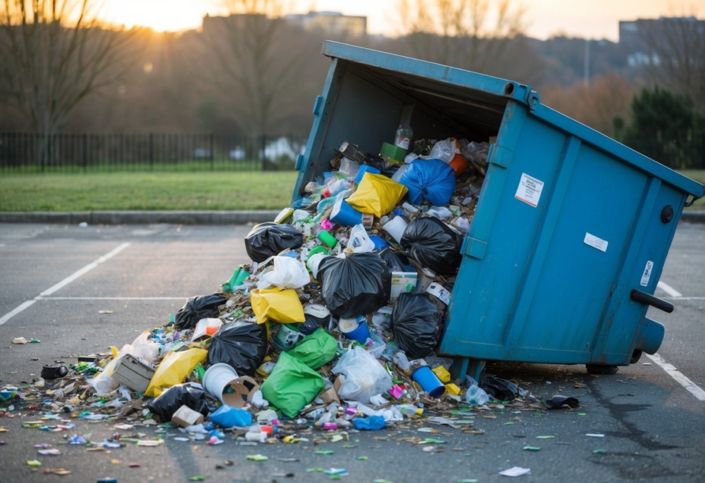 A dumpster overflows with trash, spilling onto the ground. The lid is unable to close, and the sides of the dumpster bulge under the weight