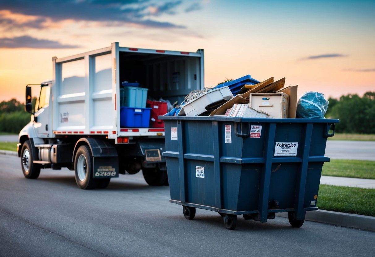 A dumpster being loaded with various items, with a disposal truck parked nearby