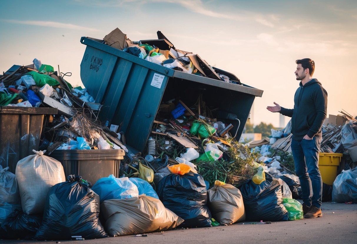 A dumpster overflowing with various debris, surrounded by piles of trash bags and construction waste. A person standing nearby, looking at the clutter with a puzzled expression