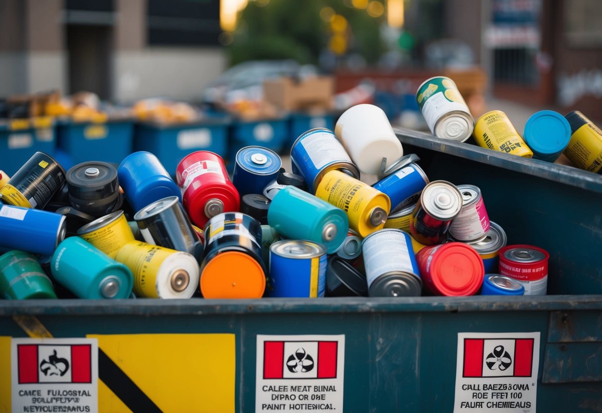 A dumpster overflowing with batteries, paint cans, and chemical containers, labeled with hazard symbols