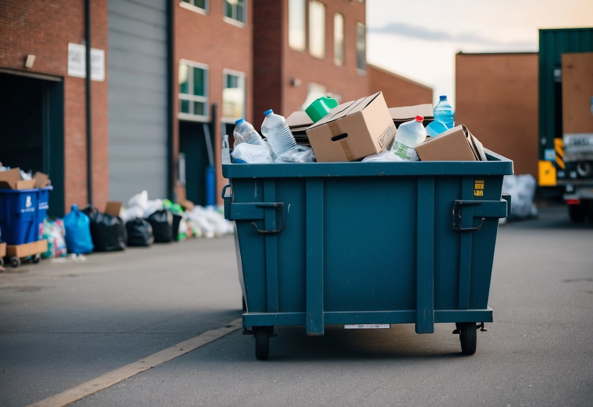 A dumpster filled with non-hazardous materials such as cardboard boxes, plastic bottles, and paper waste