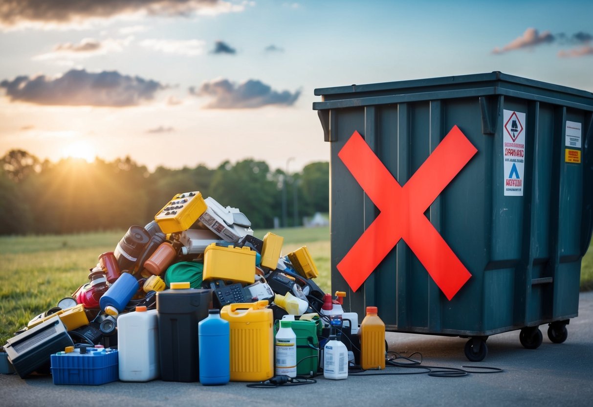 A pile of hazardous waste items, such as batteries, chemicals, and electronics, next to a dumpster with a large red "X" over it