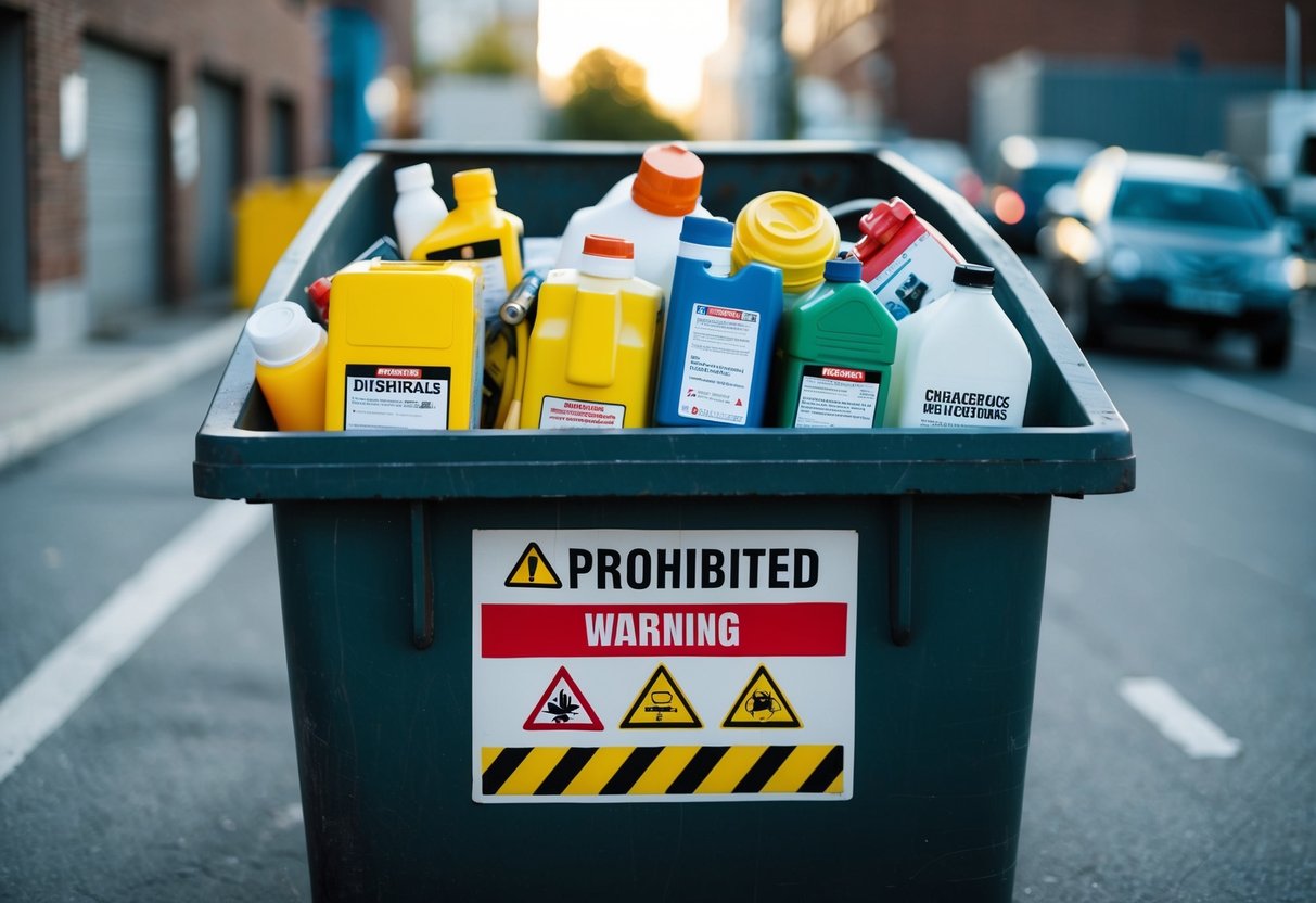 A dumpster filled with prohibited hazardous items such as chemicals, batteries, and electronic waste, with warning symbols and labels clearly visible