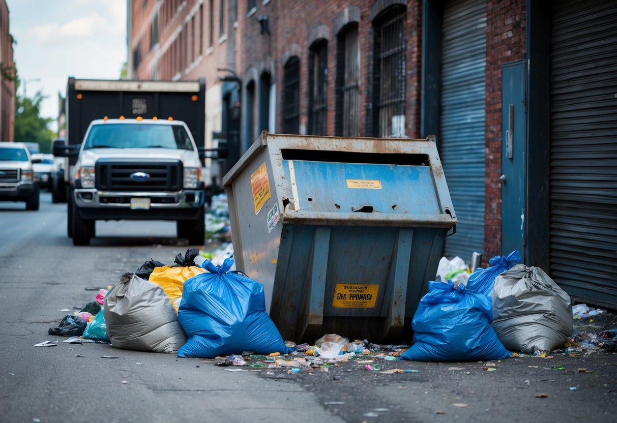 A damaged dumpster sits in a cluttered alley, surrounded by overflowing garbage bags. A pickup truck idles nearby, causing traffic to back up on the street