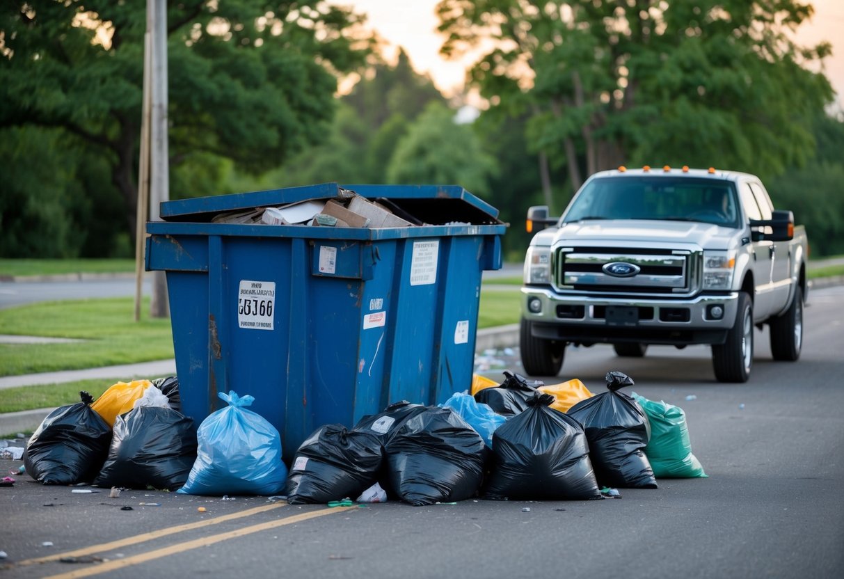 A damaged dumpster sits unattended, surrounded by overflowing trash bags. A pickup truck waits nearby, its driver impatiently checking the time