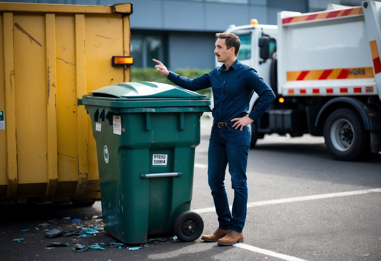 A person standing next to a damaged dumpster, gesturing towards it with a concerned expression. A garbage truck is parked nearby, with a worker looking at the person