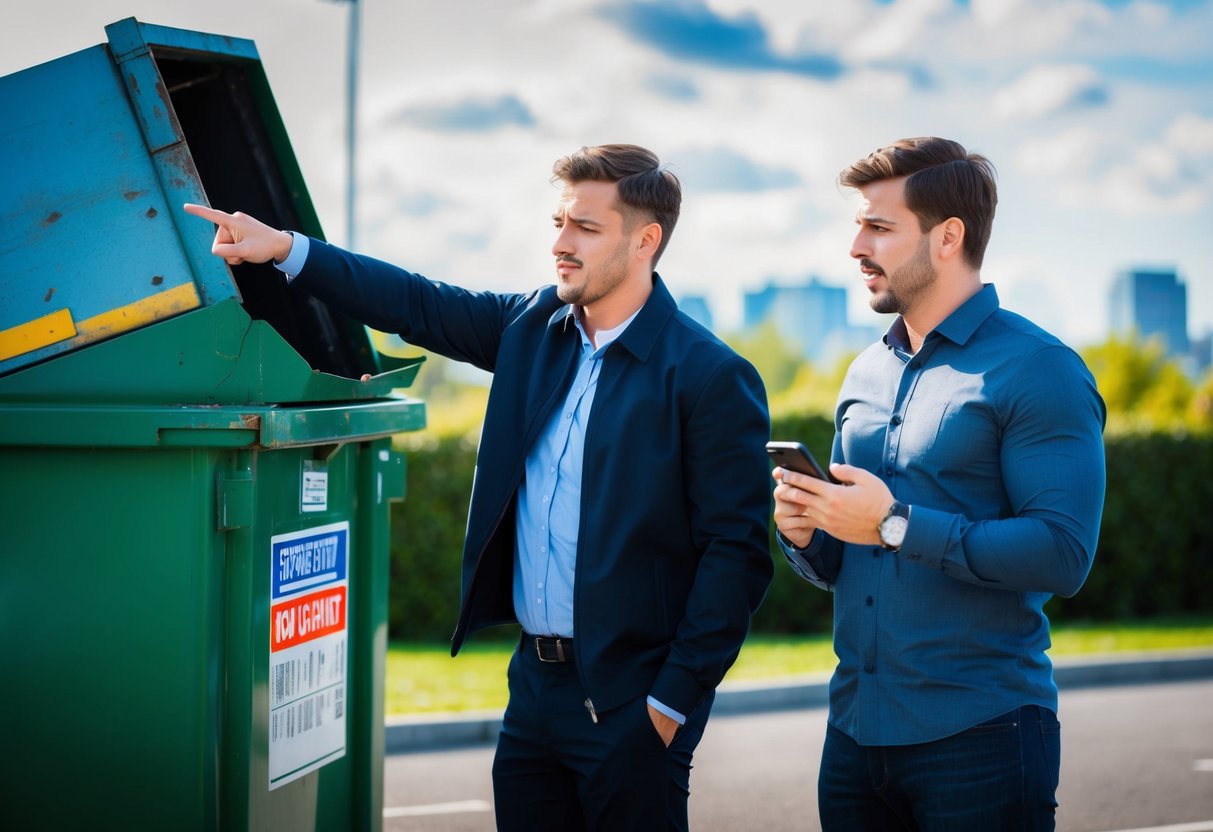 A person pointing to a damaged dumpster with a frown, while another person holds a phone, looking frustrated at the delay