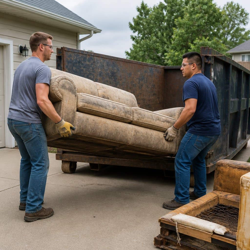 Two adults wearing work gloves, safety glasses, and sturdy shoes carefully lift a large brown couch into a blue residential roll-off dumpster in a driveway. A partially dismantled couch frame with exposed springs and wood sits nearby, highlighting safe furniture disposal and teamwork.