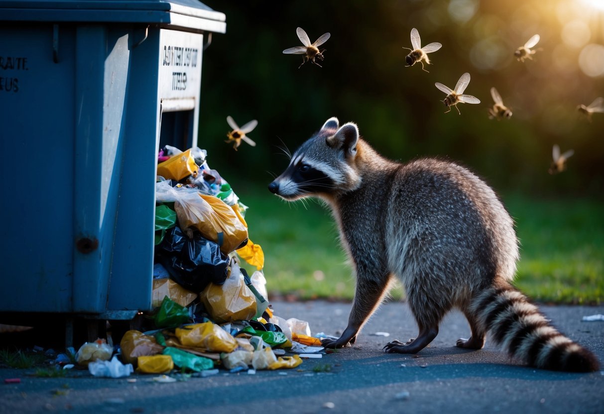 A raccoon investigates a smelly dumpster at night, while flies buzz around the overflowing garbage