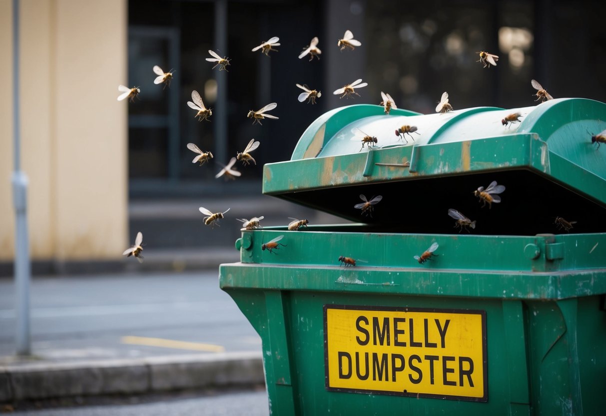 A smelly dumpster with flies buzzing around it, emitting foul odors