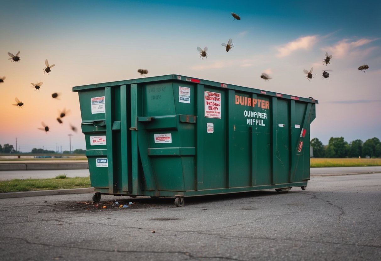 A large dumpster emits foul odor and attracts flies and rats