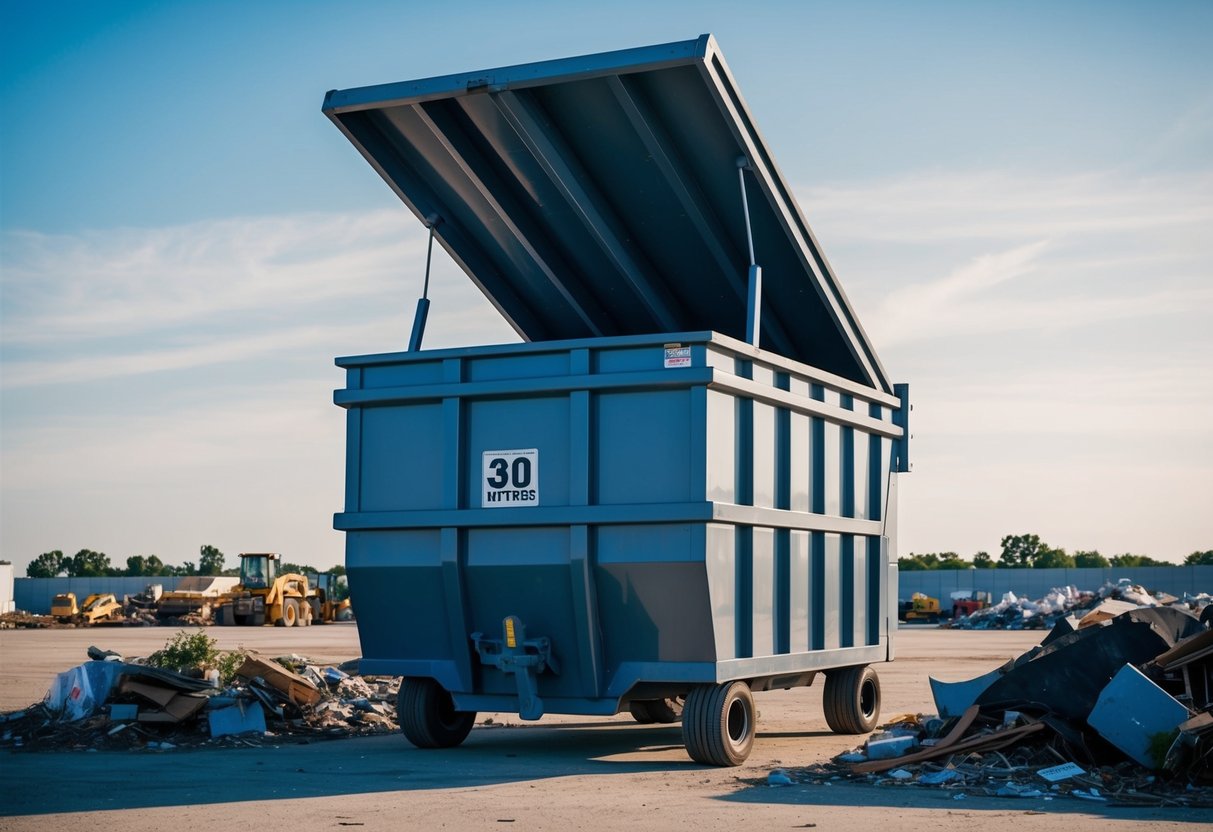 A 30 yard roll off dumpster sits in an empty lot, towering over surrounding debris and construction materials. Its open top reveals a cavernous interior