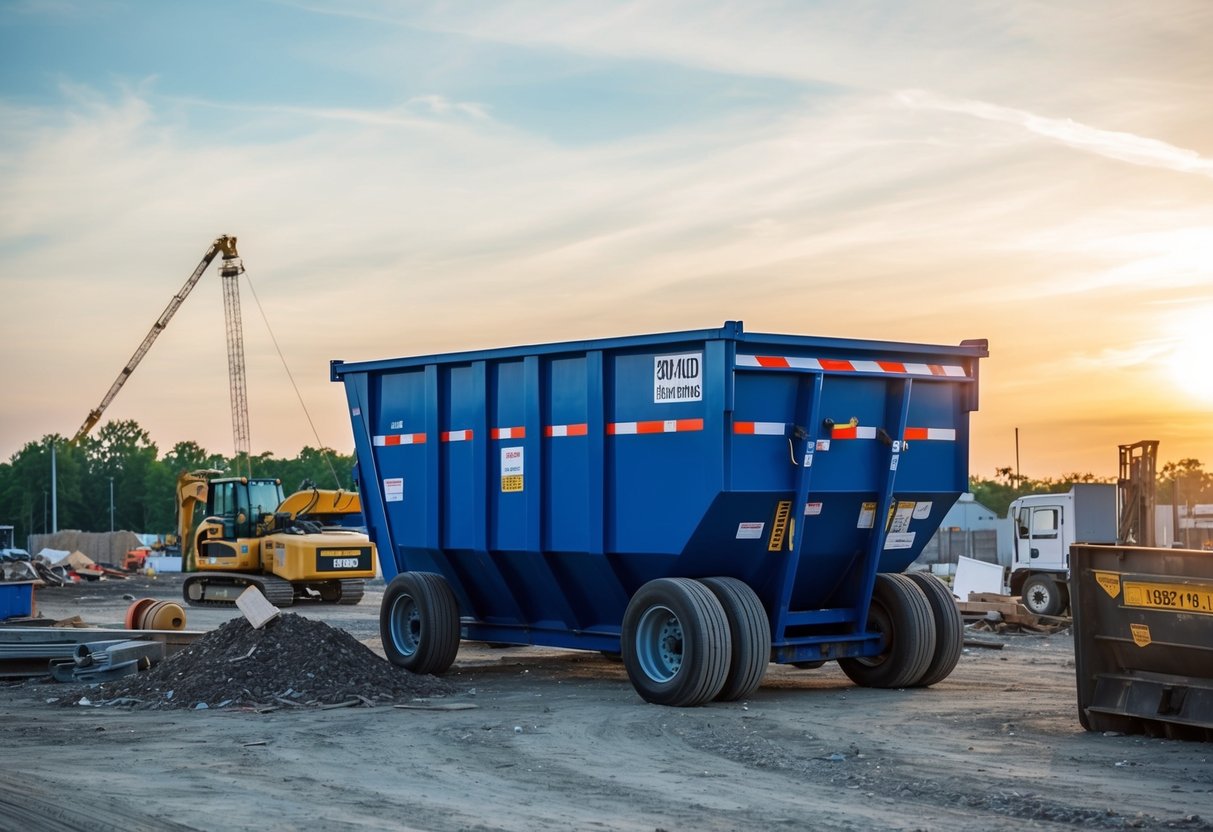 A 30 yard roll off dumpster sits in a construction site, towering over the surrounding debris and equipment