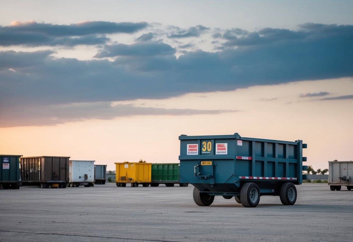 A 30 yard roll off dumpster sits in an empty lot, towering over surrounding objects with its large, rectangular frame