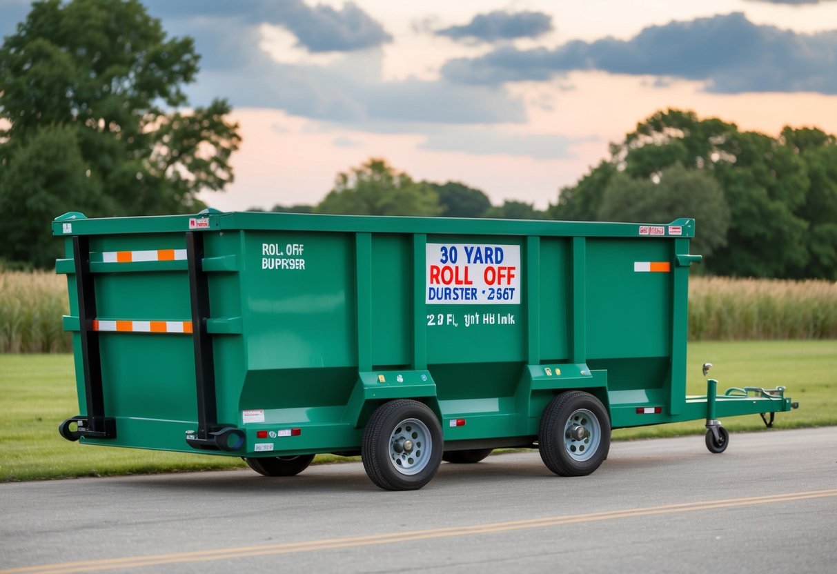 A 30 yard roll off dumpster is 22 feet long, 8 feet wide, and 6 feet high, with a weight limit of 4 to 5 tons