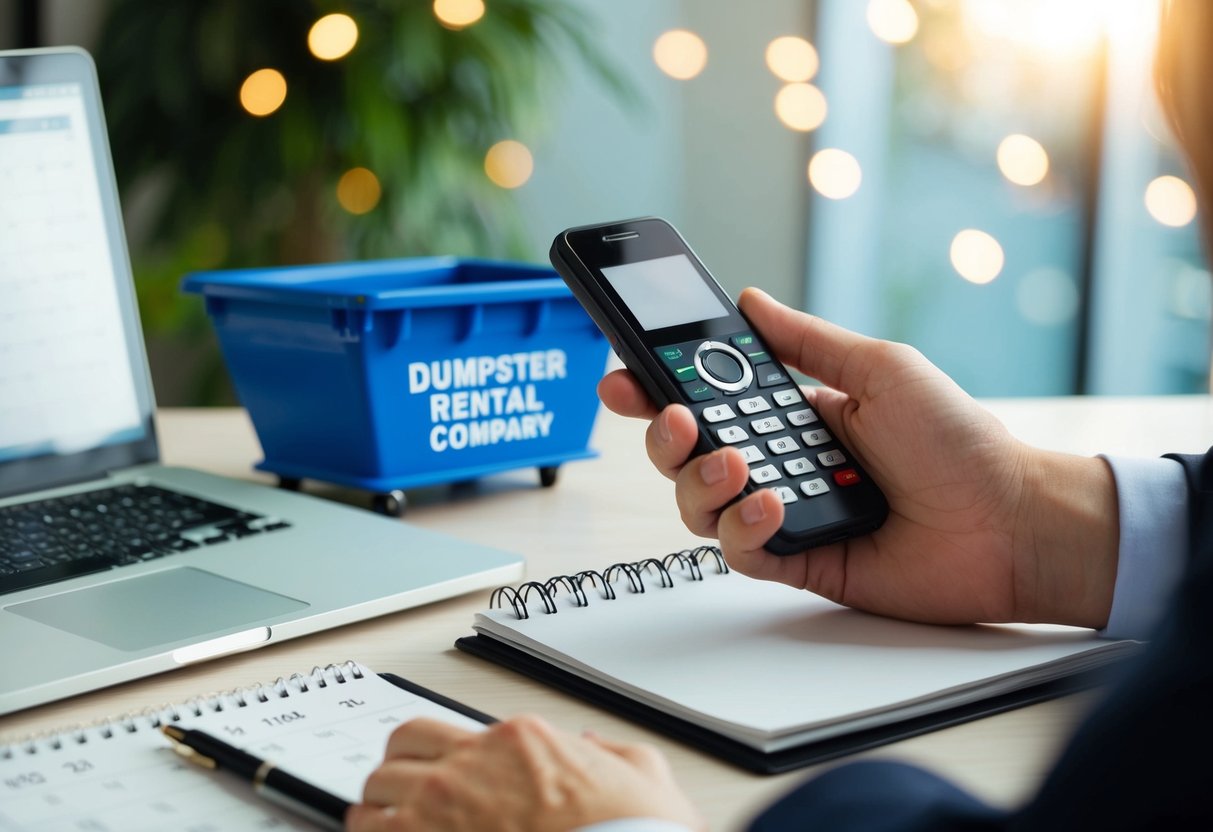 A person using a phone to call a dumpster rental company, with a calendar and pen on a desk