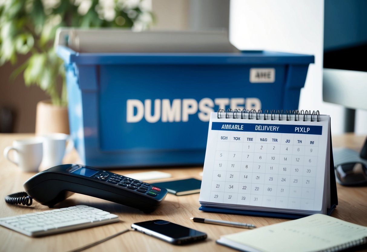 A phone ringing on a cluttered desk, with a calendar showing available dates for delivery and pickup of a dumpster