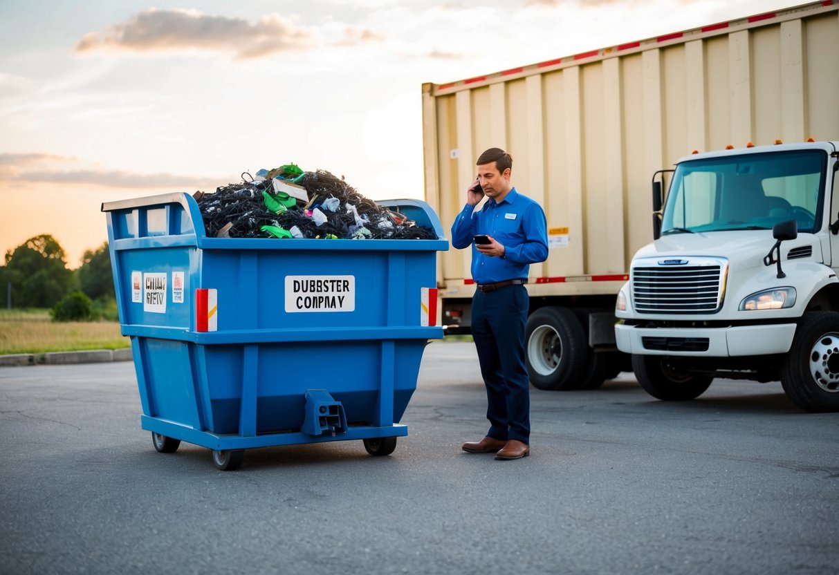 A person uses a phone to call a dumpster rental company. A delivery truck drops off the dumpster at the designated location. After filling it with waste, the truck returns to pick it up