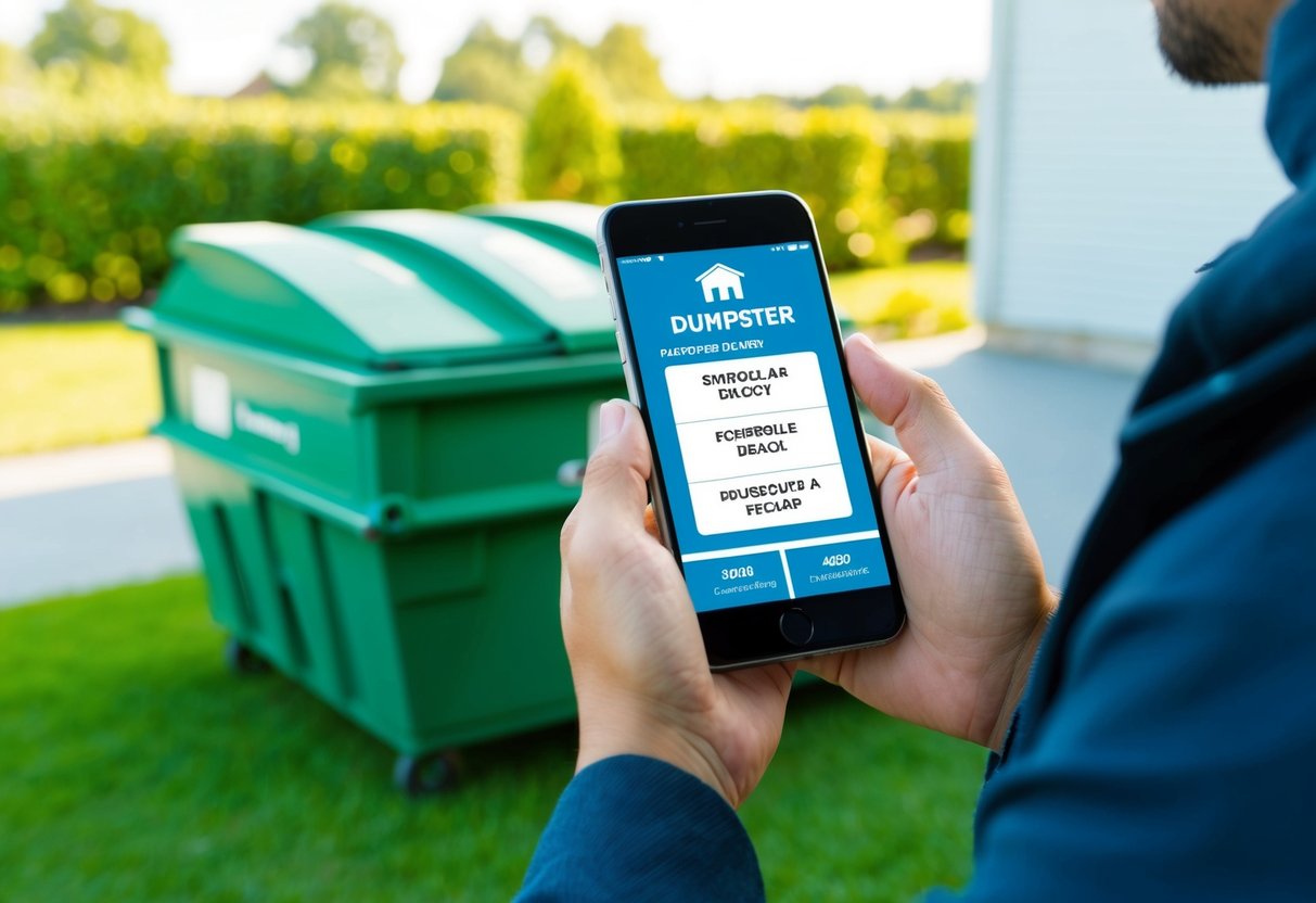 A person using a smartphone to schedule a dumpster delivery and pickup, with a dumpster placed in a clean and organized outdoor area