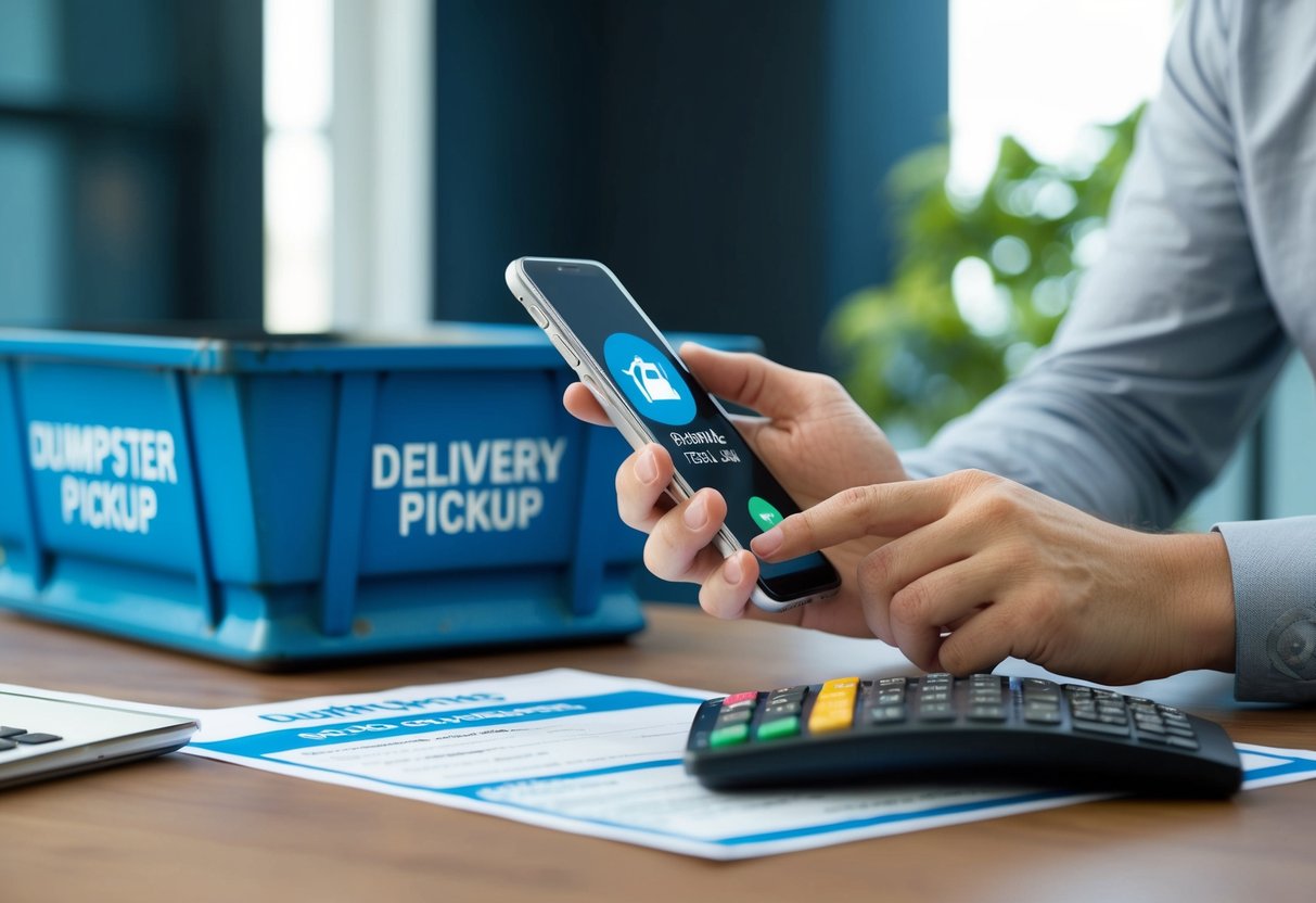 A person using a phone to schedule a dumpster delivery and pickup, with a rental agreement and payment information on a desk