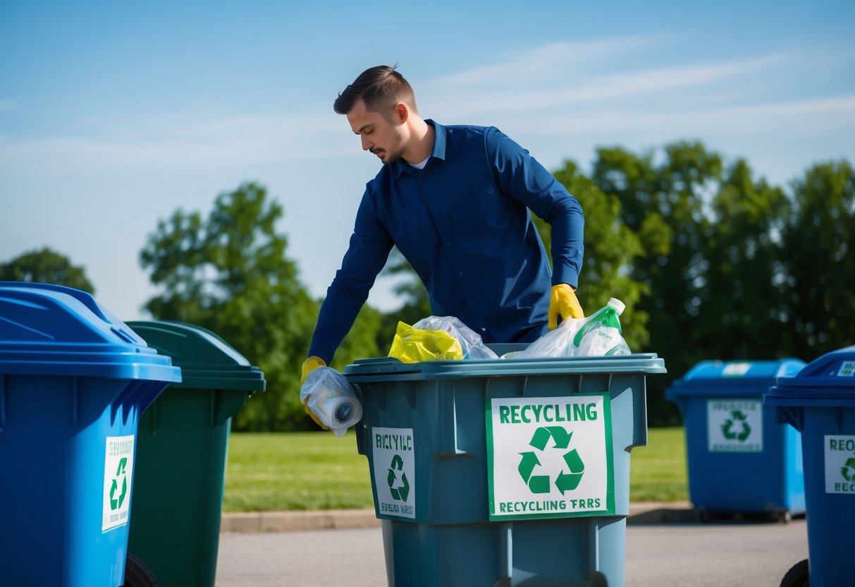 A person placing recyclables into a labeled recycling dumpster with a clear blue sky and green trees in the background