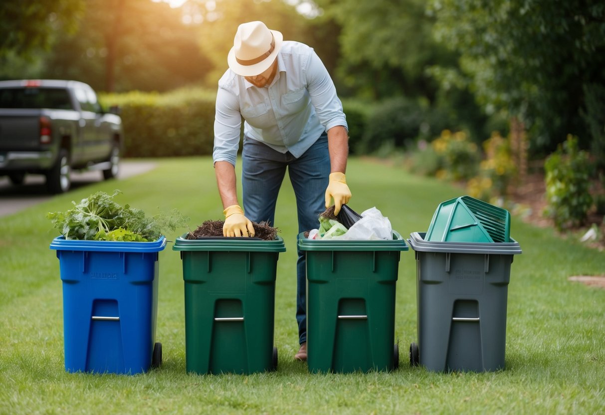 A person separating yard waste and household debris into separate bins for proper disposal