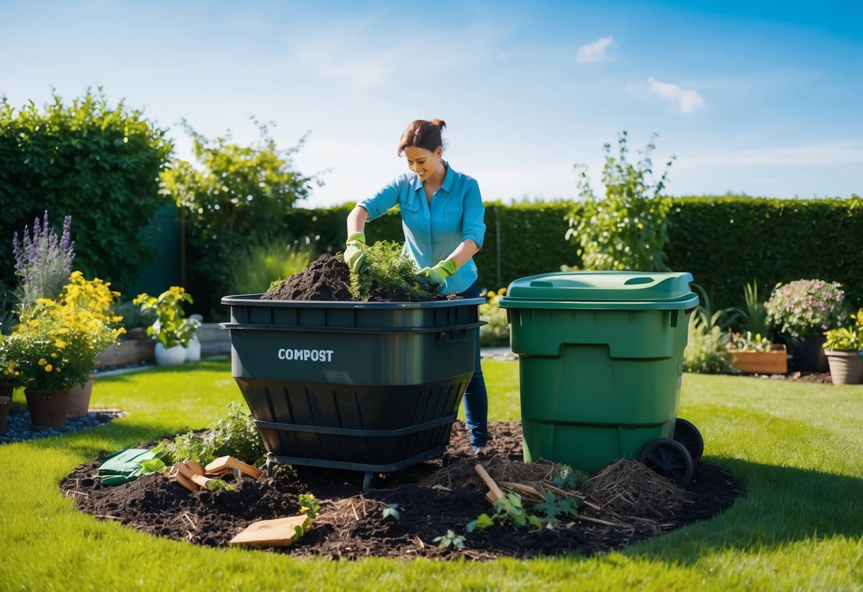 A person mixing yard waste and household debris in a compost bin, surrounded by a lush garden and a clear blue sky