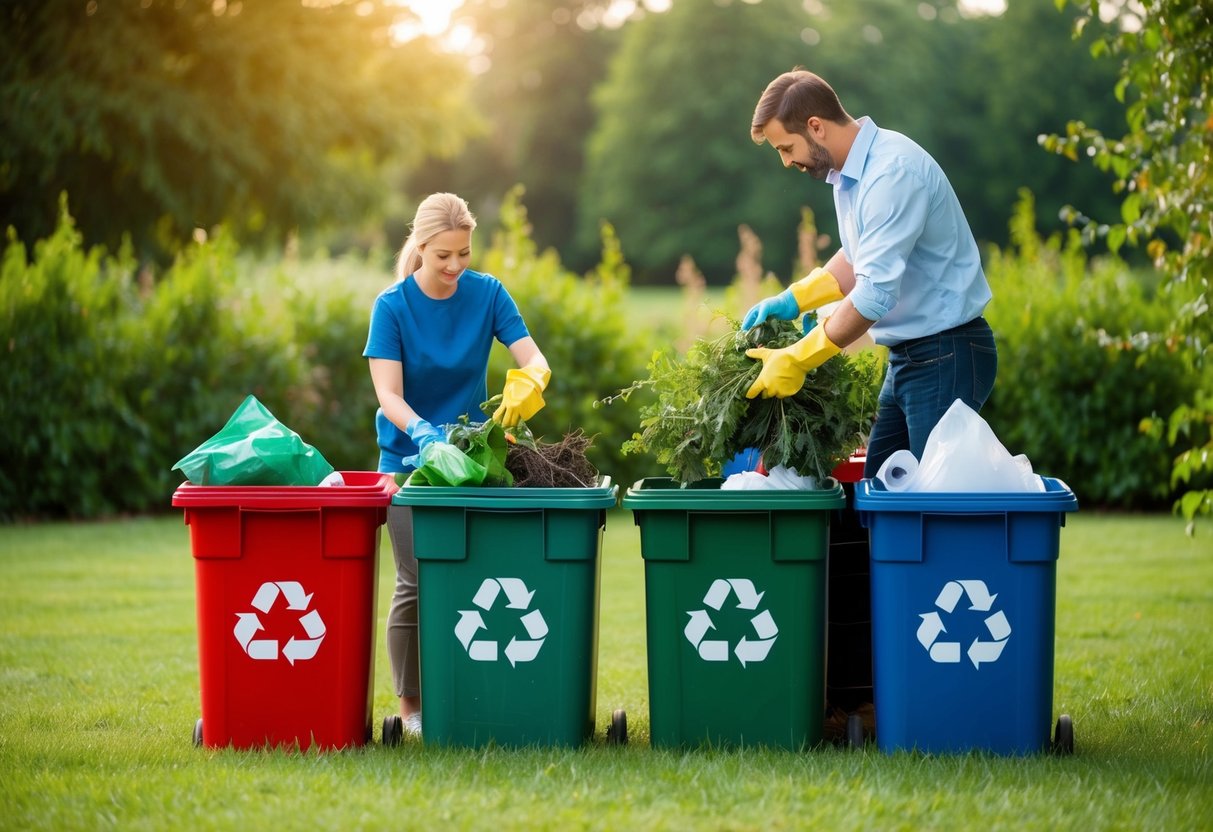 A person sorting yard waste and household debris into separate recycling bins