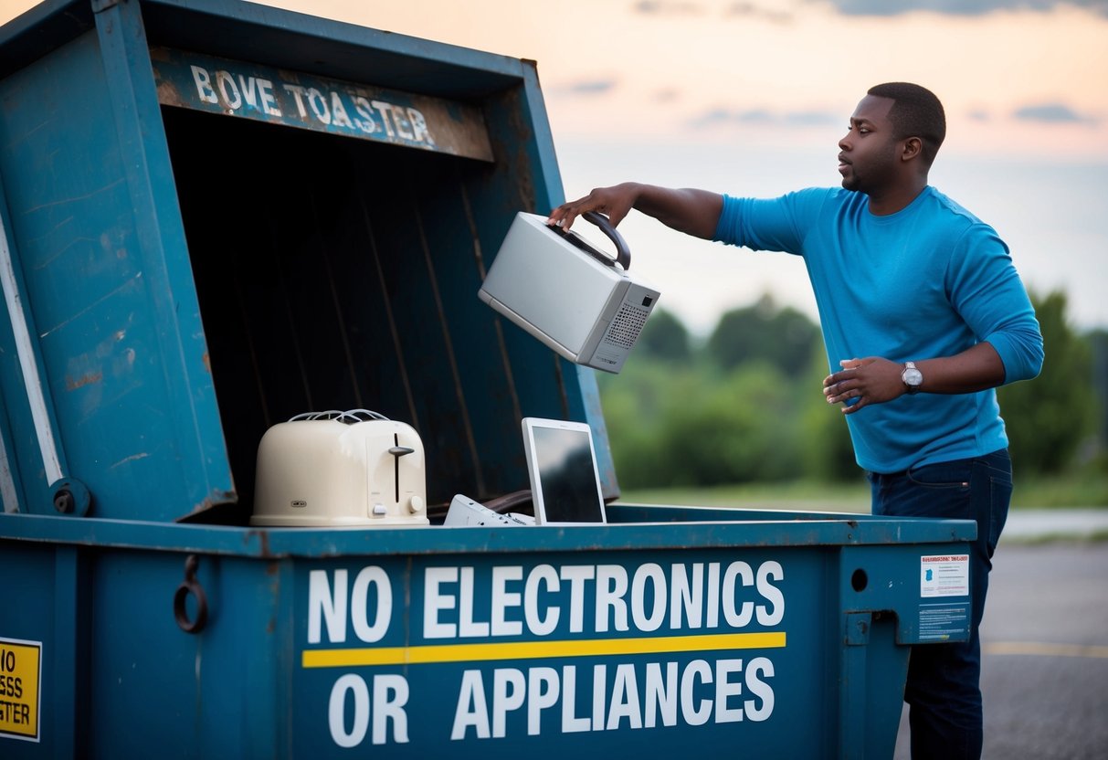 A person tossing a broken toaster and old computer into a large dumpster labeled "No Electronics or Appliances."