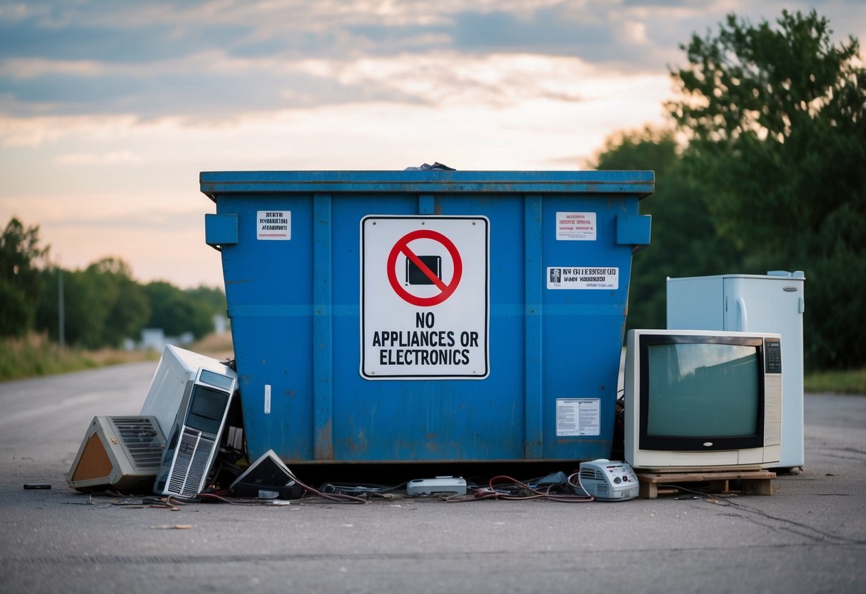 A dumpster with a "No Appliances or Electronics" sign, surrounded by discarded items like a fridge and old TV