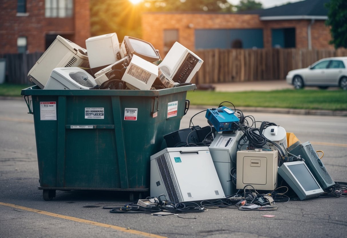 An overflowing dumpster with discarded appliances and electronics piled next to it