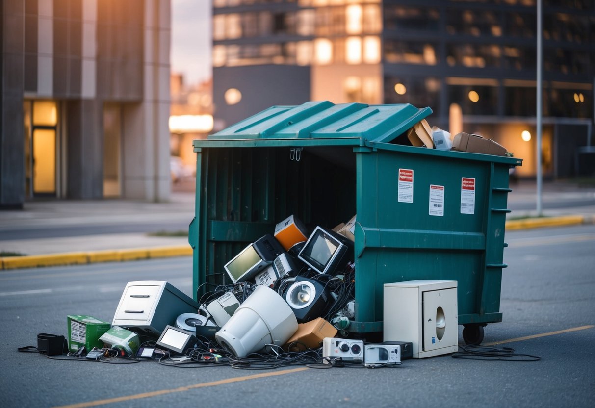 An overflowing dumpster with appliances and electronics spilling out onto the ground