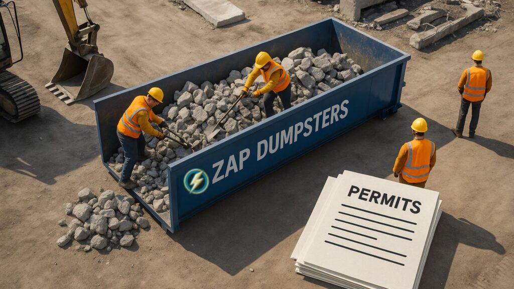 a photographic image of contractors in safety workwear managing concrete debris in a blue Zap Dumpsters roll-off container, a graphic of appropriate permits sits alongside the workforce