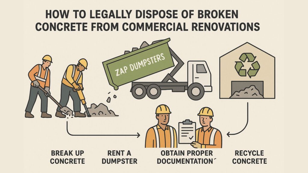 an infographic showing contractors breaking up damaged concrete debris for transport in a Roll Off from Zap Dumpsters before recycling at an authorised center with the correct documentation