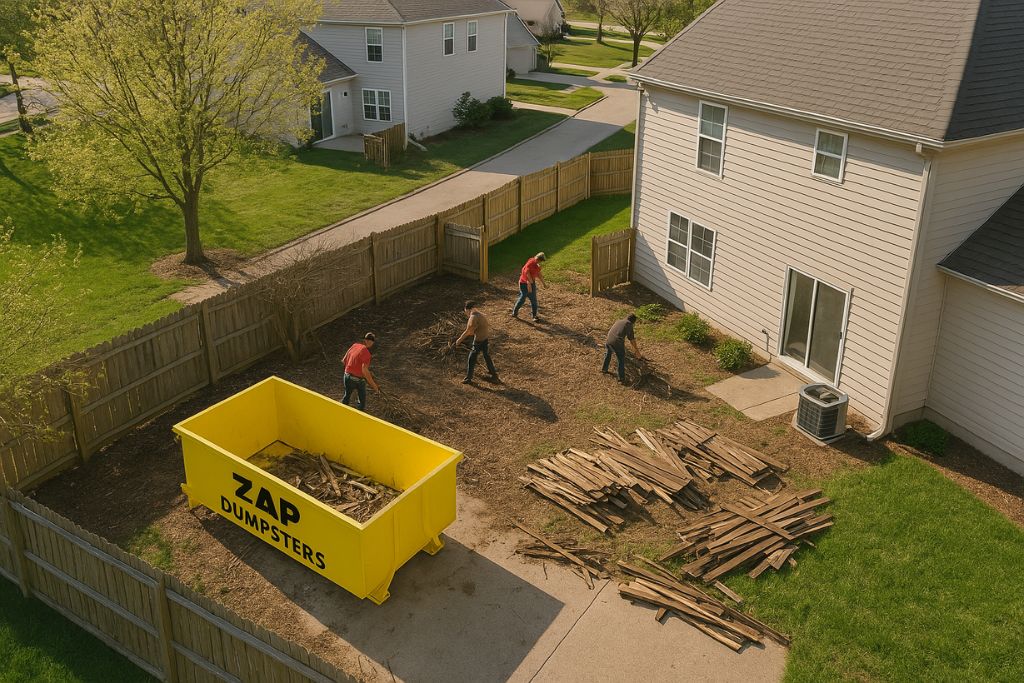 a 20 yard clean-load dumpster in the back yard, referenced against the house size to show how much space it might take up