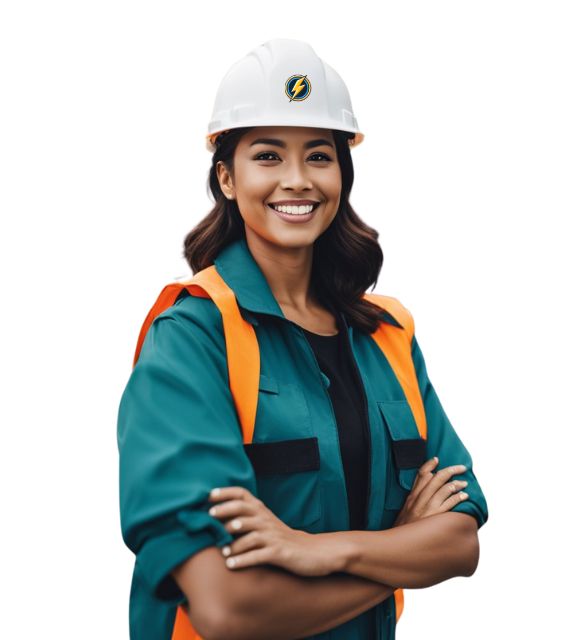 a smiling female contractor in workwear displaying the Zap Dumpsters Peoria logo on her hard hat