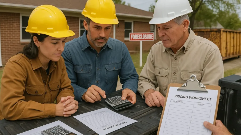 Three professional cleanup contractors—two men and one woman—review pricing worksheets and use calculators on the tailgate of a pickup truck in front of a foreclosed home. A foreclosure sign and large dumpster are visible in the background, highlighting a collaborative planning scene in bright daylight.