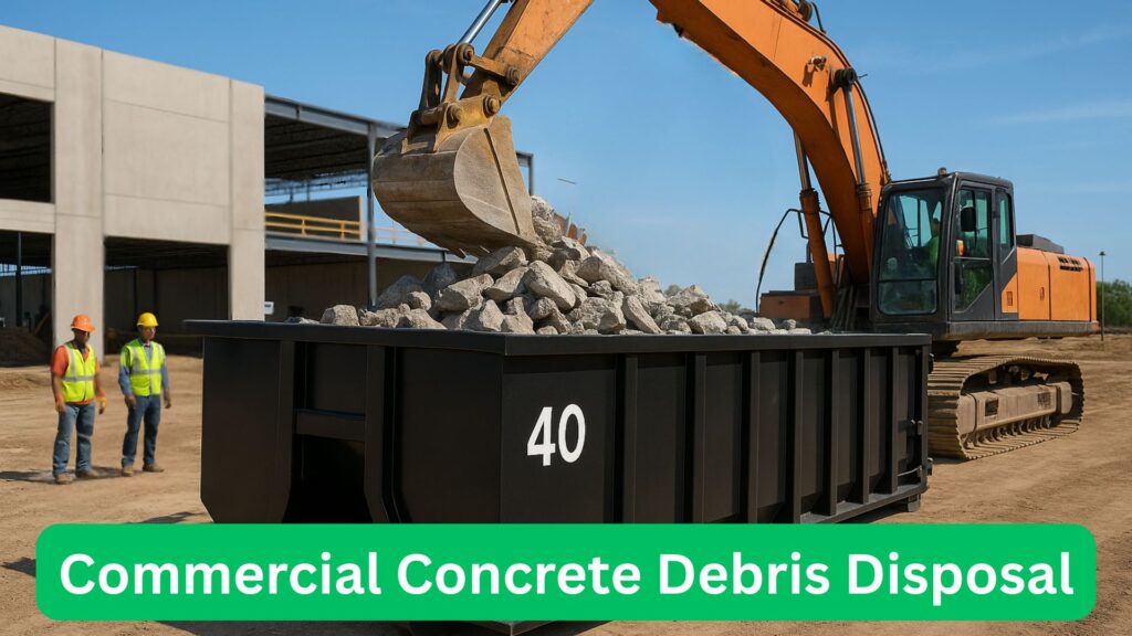 40-yard roll-off dumpster being filled with broken concrete debris at a commercial construction site