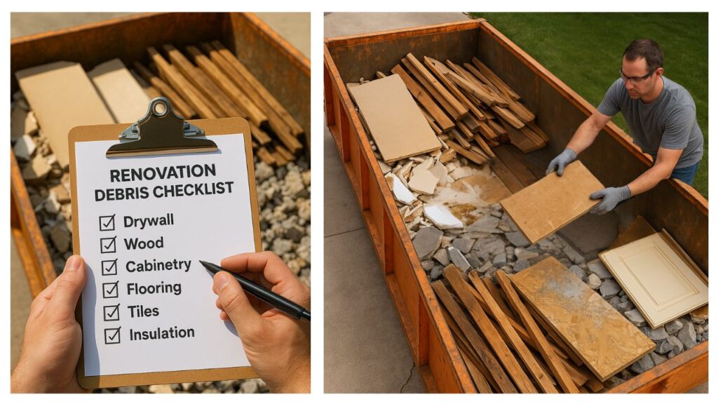 a checklist to avoid renovation debris removal mistakes alongside a homeowner putting things in order for his dumpster rental