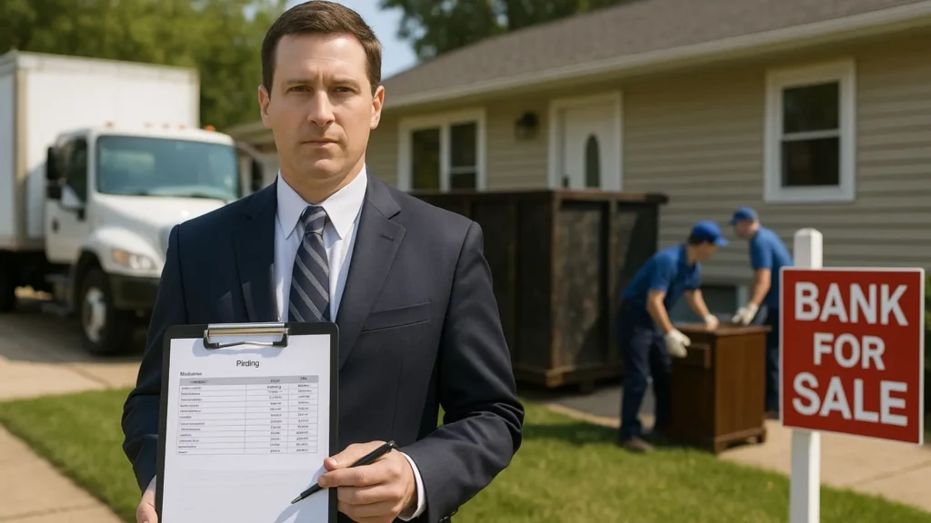 Bank official in a suit holding a clipboard with a cleanup pricing sheet, standing in front of a foreclosed house with a "Bank For Sale" sign, while cleanup workers load debris into a dumpster in the background
