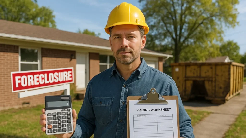 a contractor in yellow hard hat holds a calculator and pricing worksheet as he works out the costs for a foreclosure property cleanup, dumpster in the background