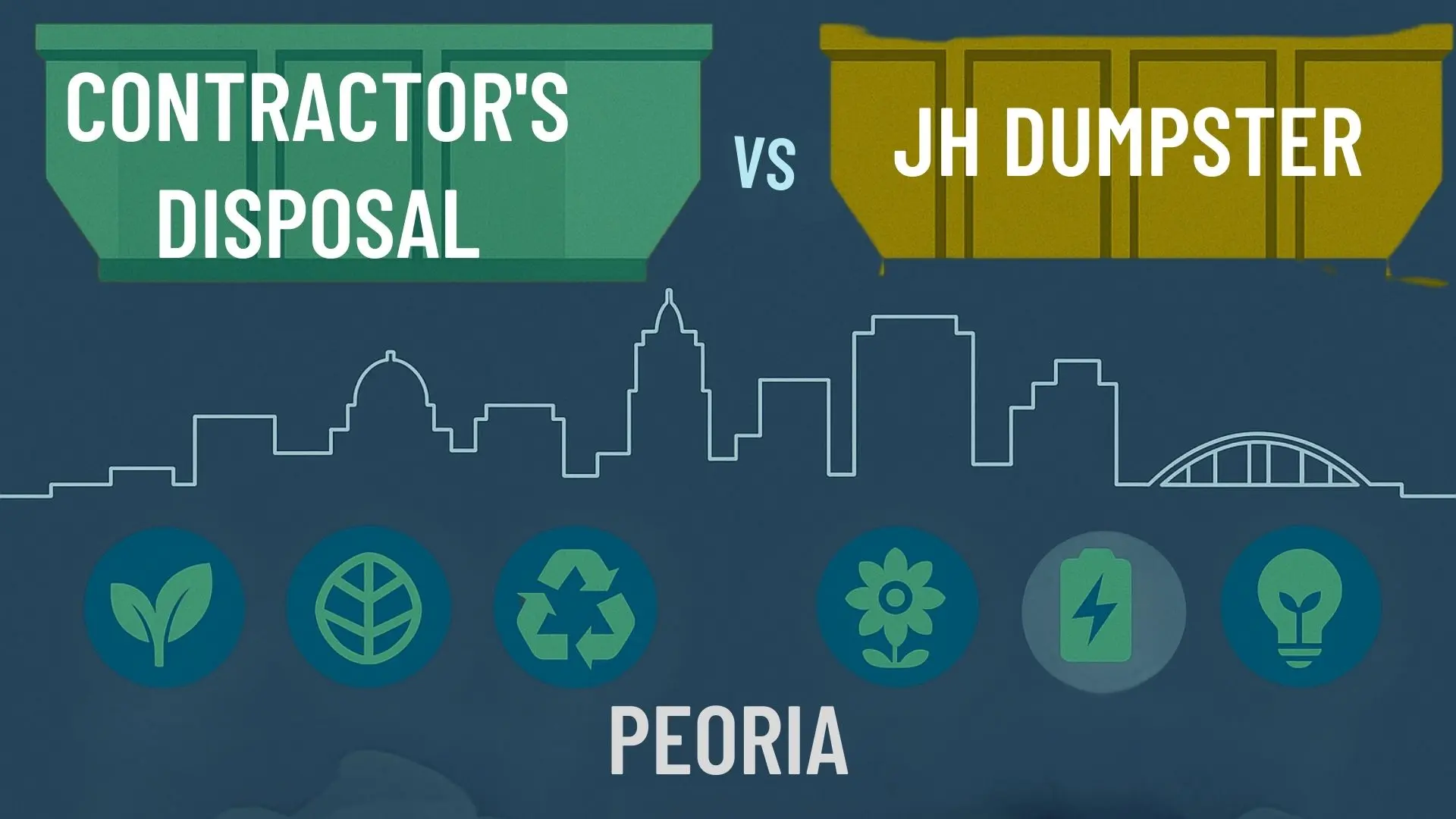 Peoria Dumpster Infographic of Contractor's Disposal vs JH Dumpster showing environmental symbols to represent green waste handling abilities of these companies