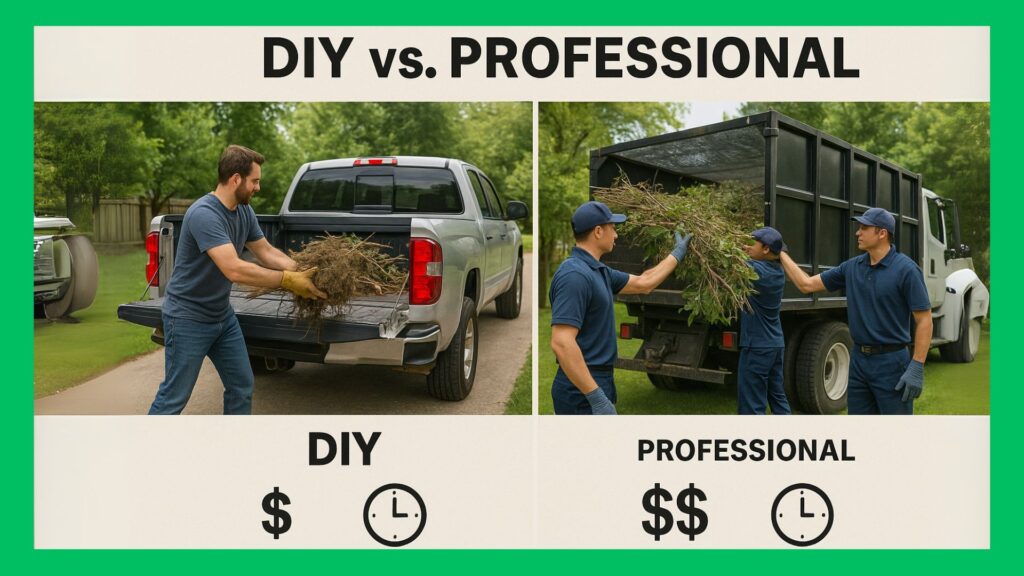 Split-screen comparison image showing DIY yard waste removal on left (person loading debris into personal truck) versus professional yard waste removal service on right (uniformed workers efficiently loading a company truck)