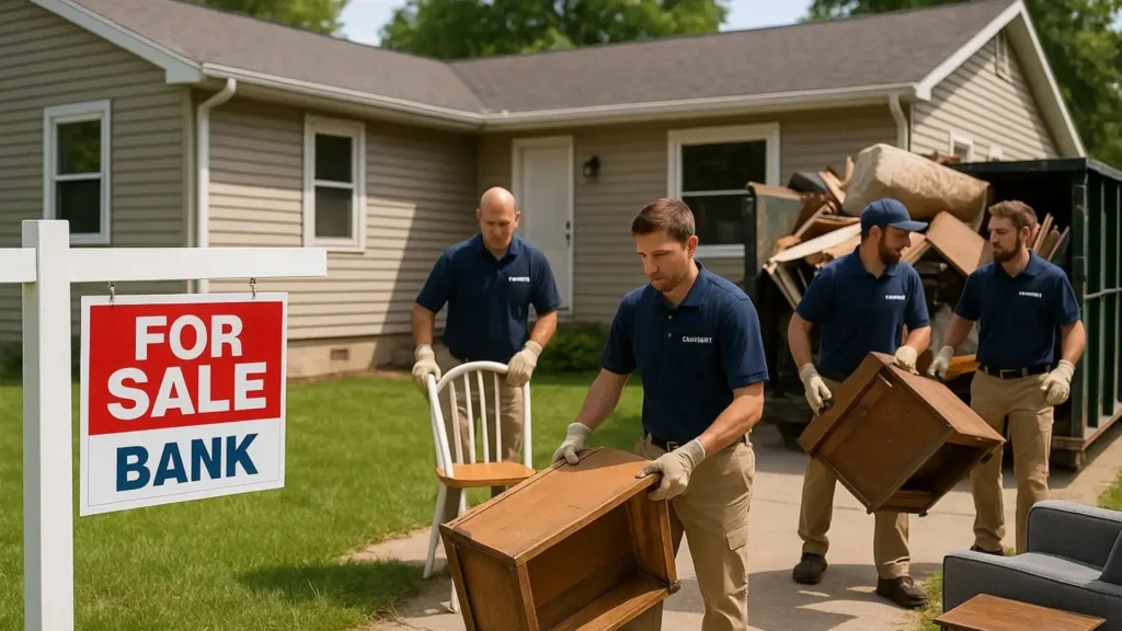 Professional foreclosure cleanup crew in matching uniforms loading furniture and debris into a large dumpster outside a foreclosed home, with a red and white "Bank For Sale" sign prominently displayed in the foreground on a sunny day