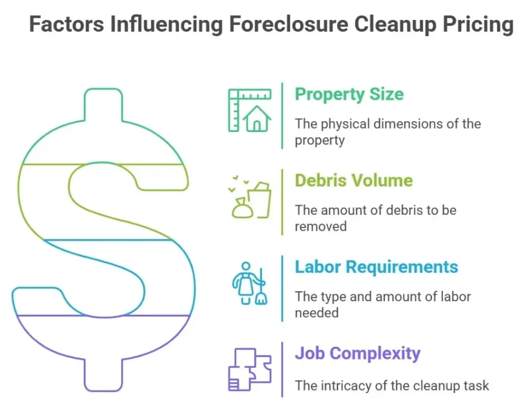 an infographic showing 4 key factors in foreclosure cleanup pricing. Property size, Debris volume, Labor requirements and Job complexity