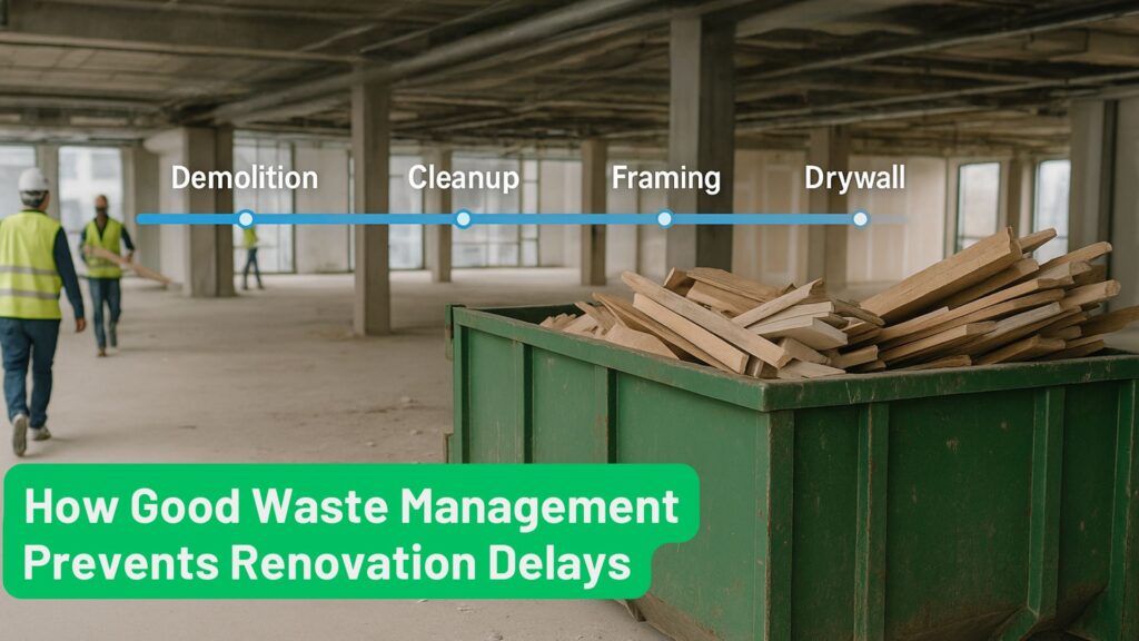 a commercial renovation project with a project timeline indicatng the importance of scheduling waste removal as the first step towards reducing renovation delays