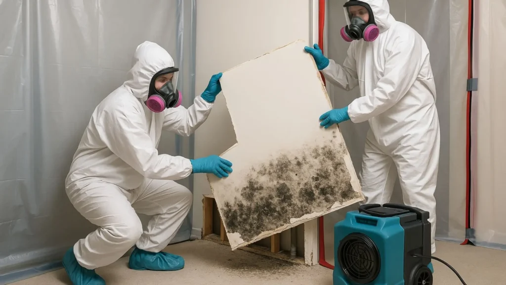 two contractors in white coveralls and filter masks taking away contaminated drywall with black mold removal techniques